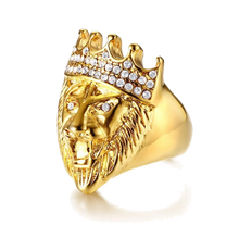 Charger l&#39;image dans la galerie, Bague Tête de Lion &lt;br&gt; Or Couronne Strass (acier)