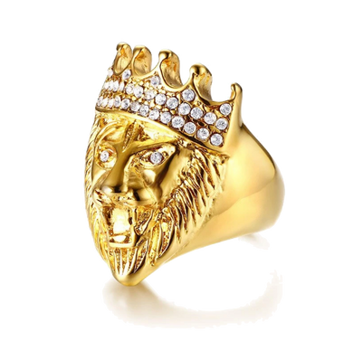 Bague Tête de Lion <br> Or Couronne Strass (acier)