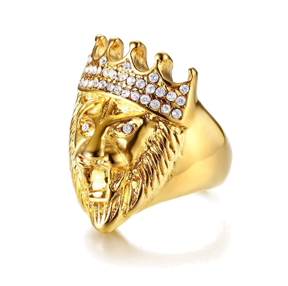 Bague Tête de Lion <br> Or Couronne Strass (acier)