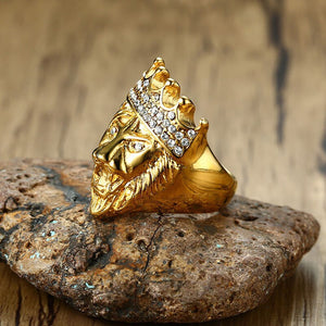 Bague Tête de Lion <br> Or Couronne Strass (acier)