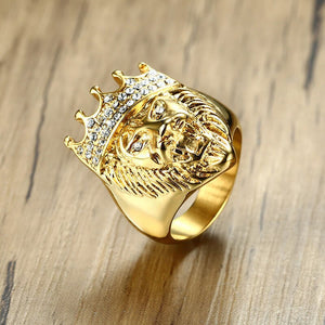 Bague Tête de Lion <br> Or Couronne Strass (acier)